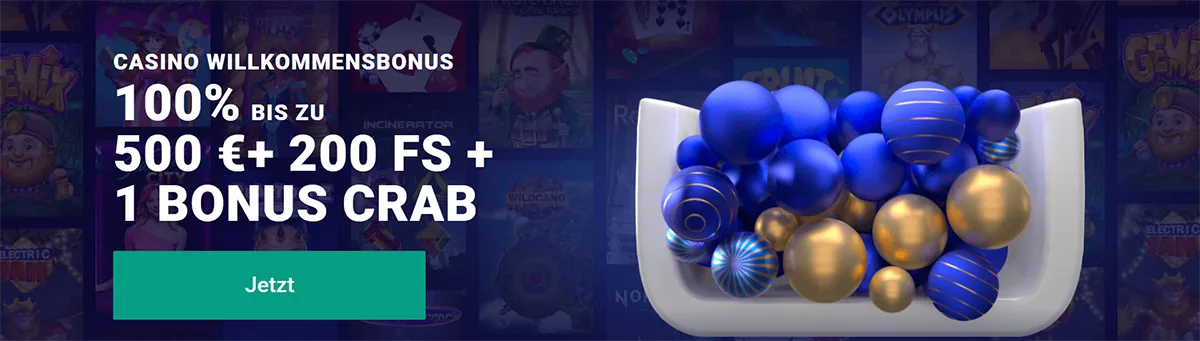 German casino welcome bonus banner offering 100% up to €500 plus 200 free spins and one Bonus Crab, featuring a bowl filled with blue and gold balls, slot game thumbnails in the background, and a green “Jetzt” (Join now) call-to-action button.