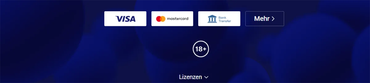 Casino footer displaying supported payment methods Visa, Mastercard, and Bank Transfer with a “More” link, an 18+ age restriction icon, and a Licenses dropdown on a blue background.