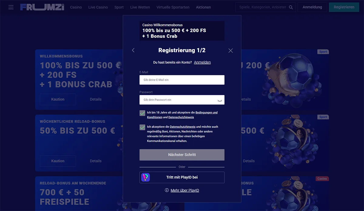 Frumzi casino registration popup in German showing step 1 of 2 sign-up with a welcome bonus of 100% up to €500 plus 200 free spins and one Bonus Crab, including email and password fields, age and privacy consent checkboxes, a “Next step” button, and an option to register with PlayID on a blue casino interface.